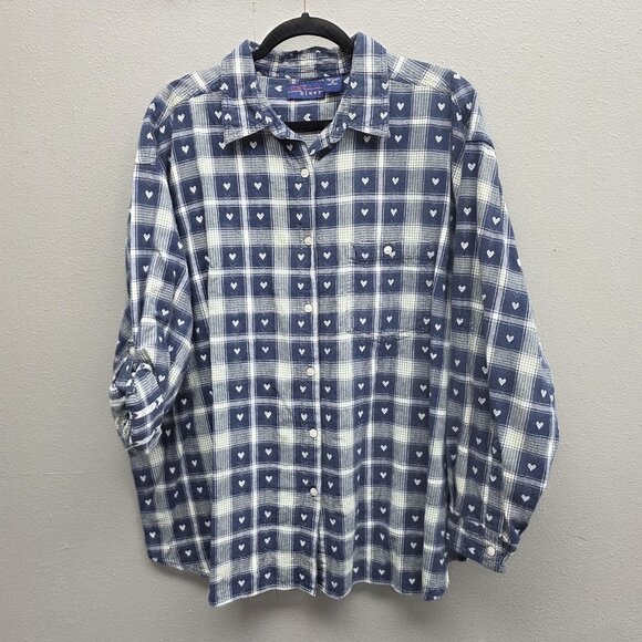 CST Blues Shirt Womens 5X Blue White Plaid Button Down Long Sleeve Cotton Hearts - Picture 1 of 11